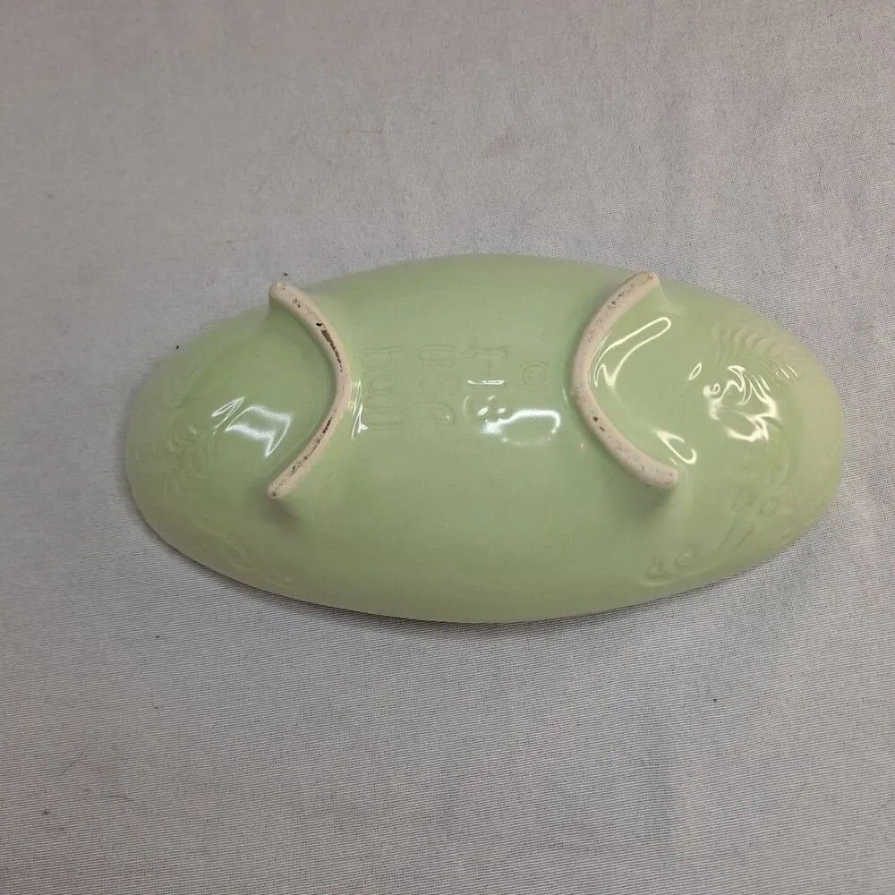 Vintage HULL Pottery Console Footed Bowl Green USA I-18 Glazed Leaf Pattern